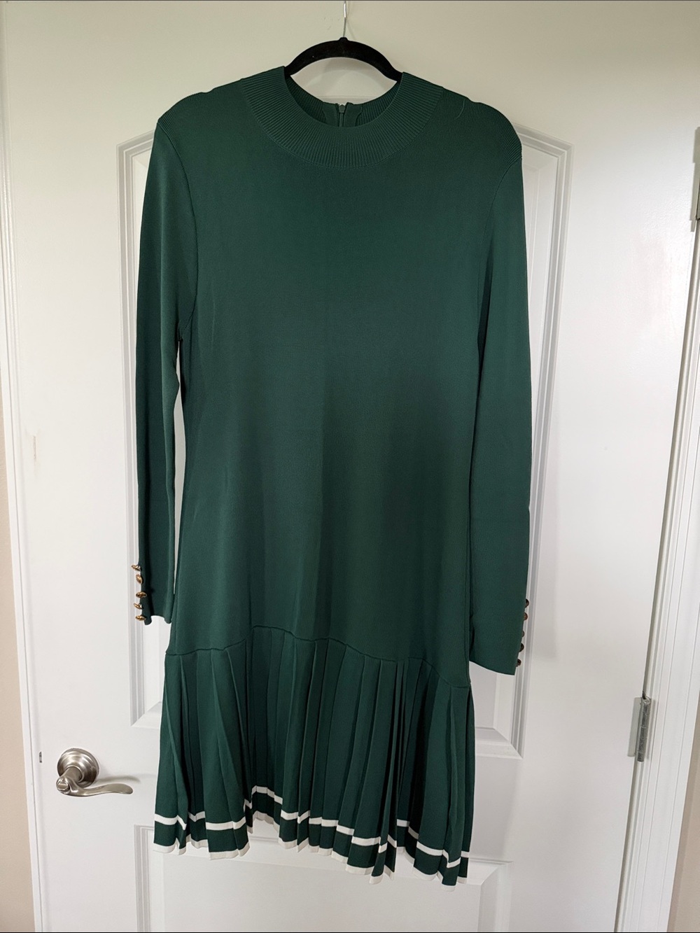 Alexia Admor Forest Green Long Sleeve Pleated-Hem Dress with Trim
